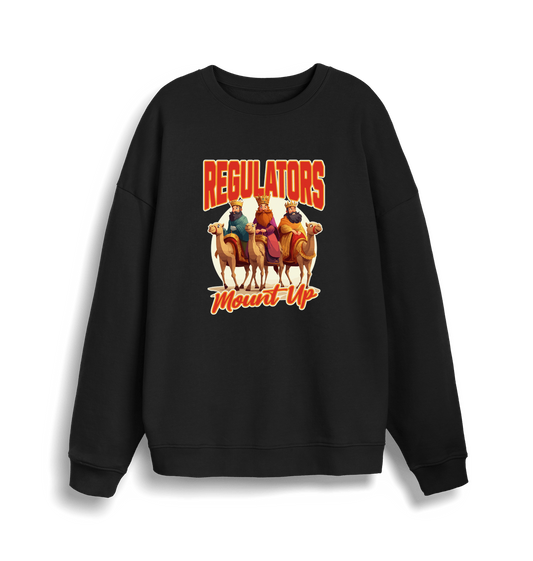 black christmas sweater with the graphic of three wise men on horses and the slogan 'regulators mount up'