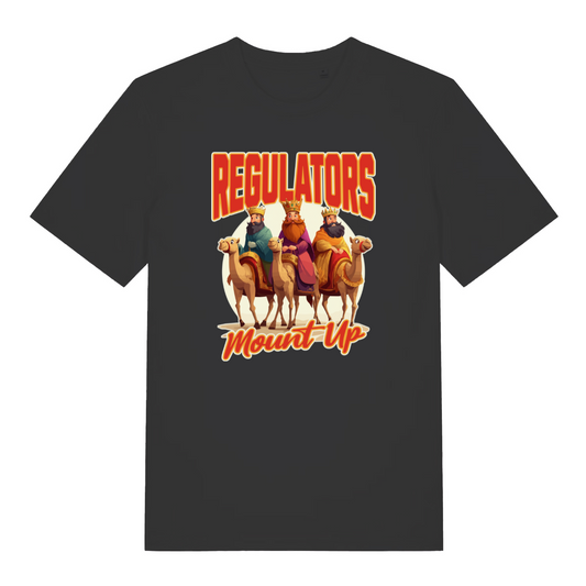 black christmas t-shirt with a graphic of the three wise kings riding camels and the slogan 'regulators mount up'