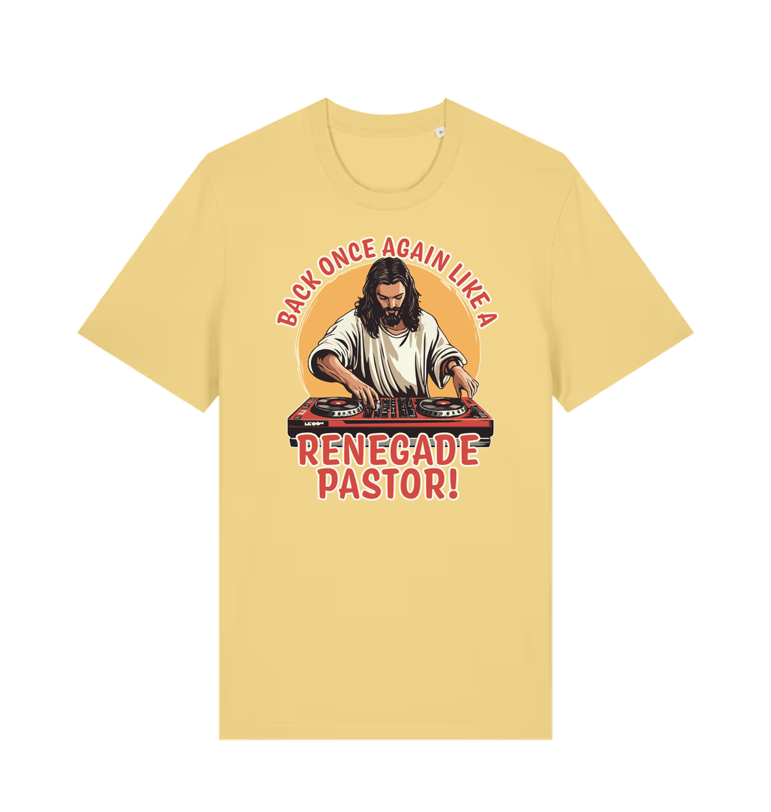 yellow funny jesus t-shirt with the graphic of jesus on the turntables and the slogan 'back once again like a renegade pastor'