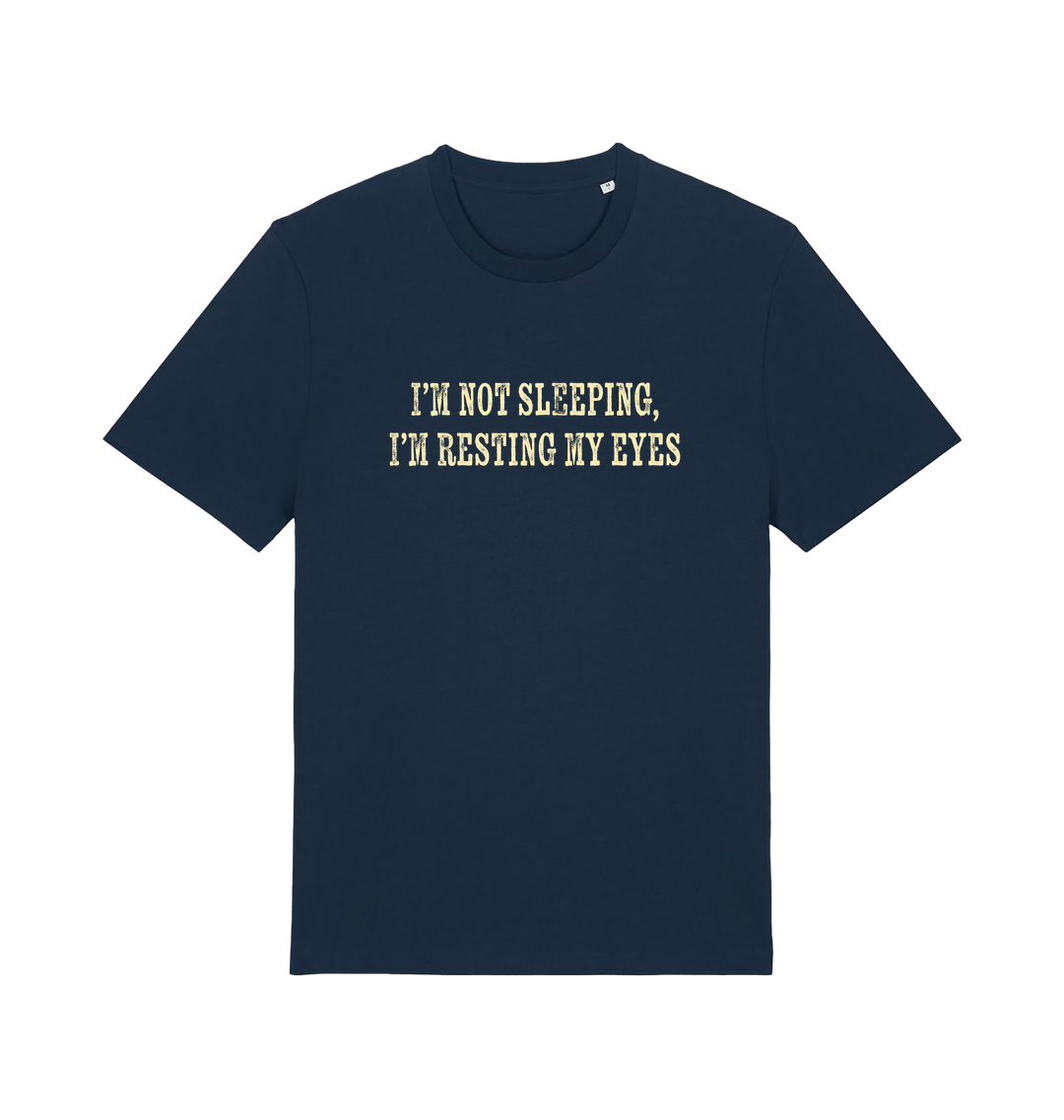 navy slogan t-shirt with 'i'm not sleeping i'm resting my eyes'