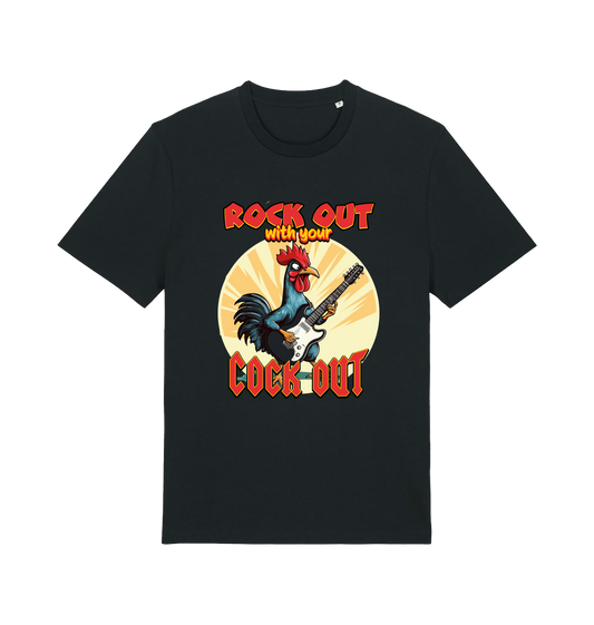 black funny offensive t-shirt with the graphic of a cockerel playing the guitar and the slogan 'rock out with your cock out'