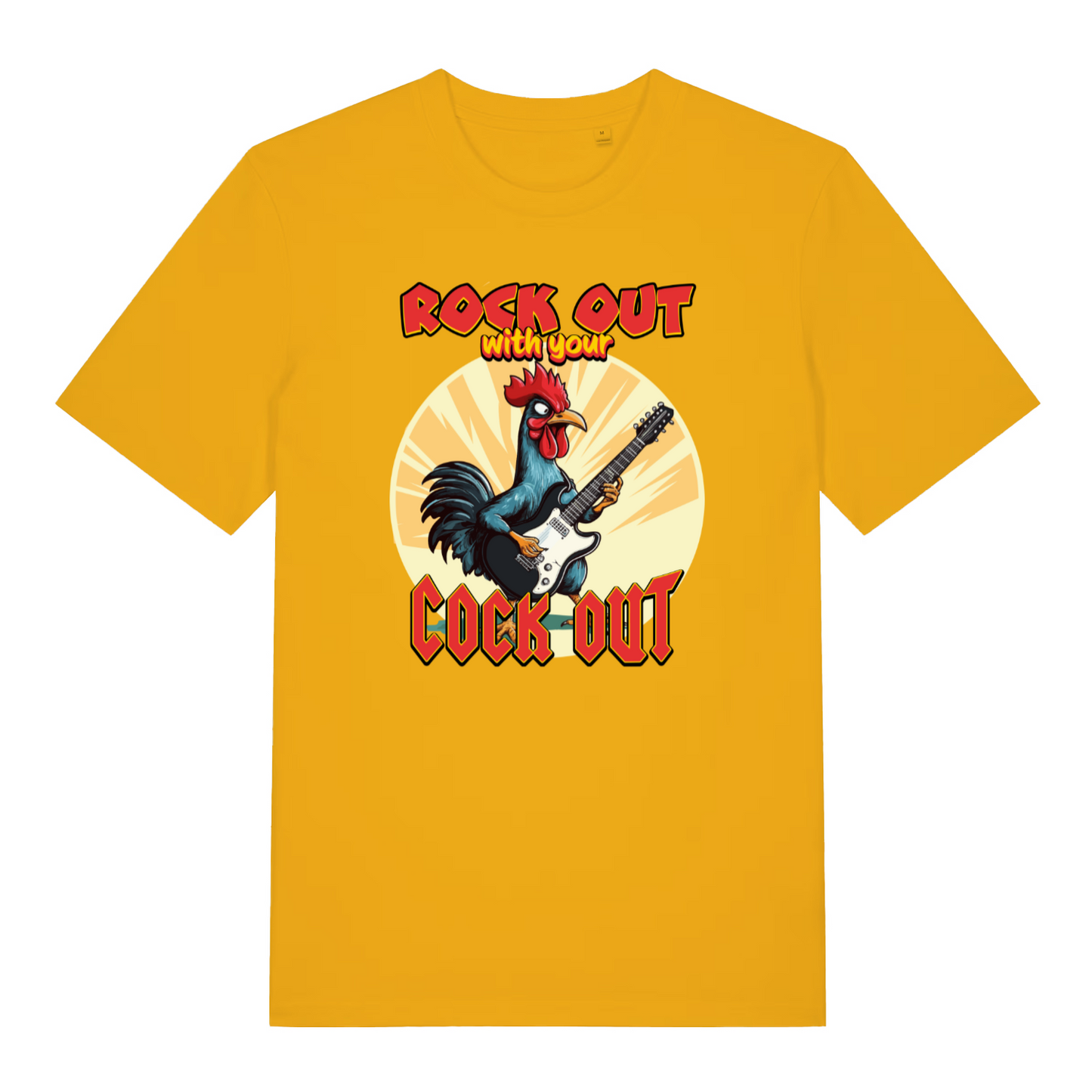 yellow funny animal t-shirt with the graphic of a cockerel and the slogan 'rock out with your cock out'