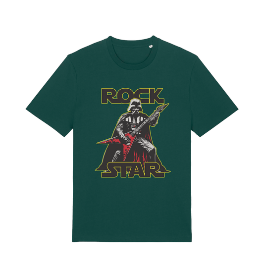 green geek t-shirt with the graphic of darth vader shredding the guitar and the slogan 'rock star'