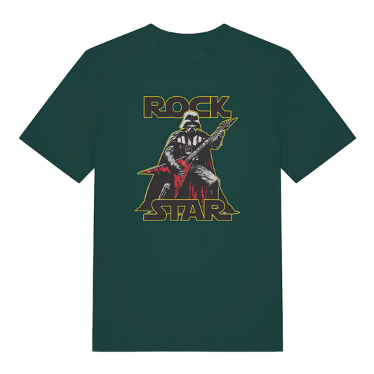 green geek t-shirt with the graphic of a dark jedi knight playing a guitar and the text 'rock star'