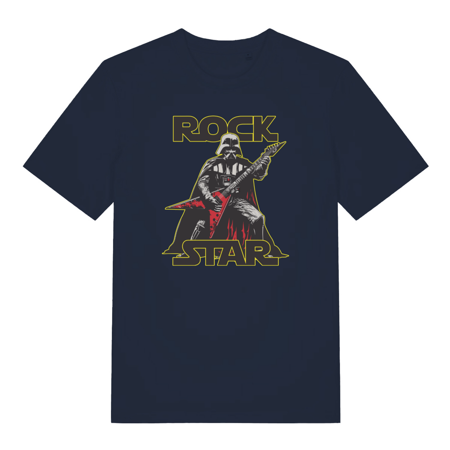 navy geek t-shirt with the graphic of a dark jedi knight playing a guitar and the text 'rock star'
