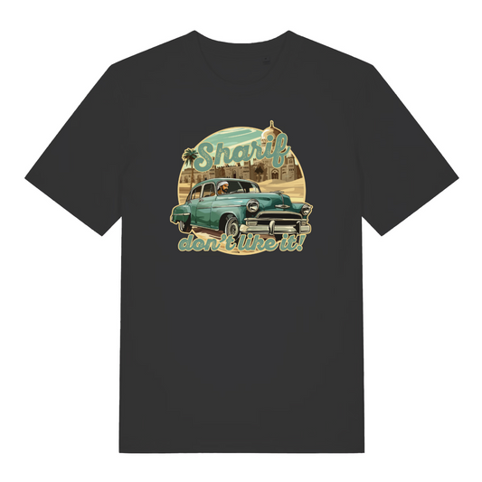 black music t-shirt with the graphic of a vintage car and the slogan 'sharif don't like it'