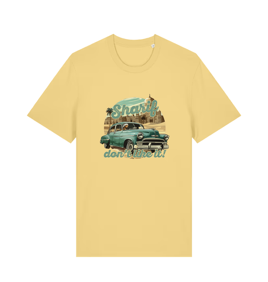 yellow music t-shirt with the graphic of a car and the slogan 'sharif don't like it'