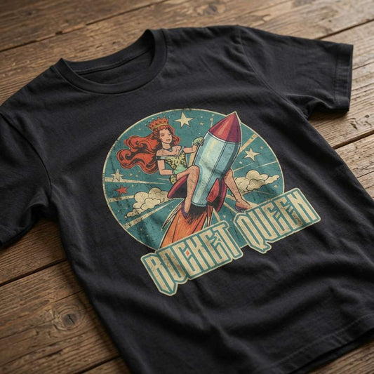Black Rocket Queen t-shirt laid flat on a wooden surface showing the full vintage-style rocket queen graphic, mens unique music-inspired design
