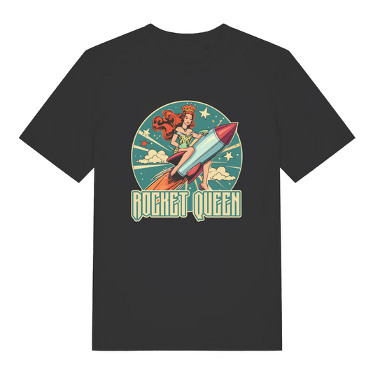black music t-shirt with a woman riding a rocket and the slogan 'rocket queen'