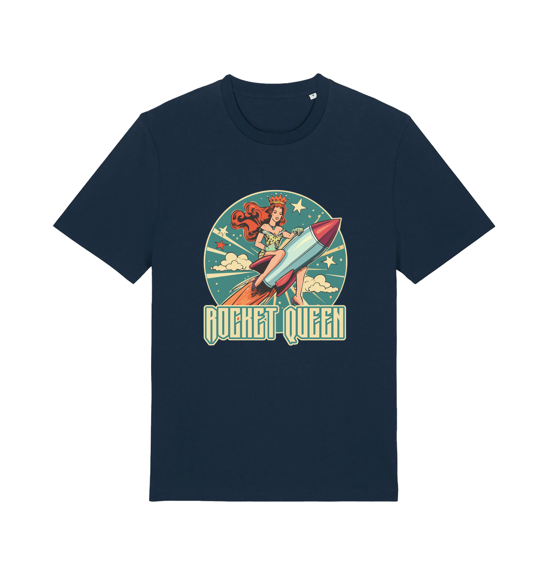 navy music t-shirt with the graphic of a woman riding a rocket and the slogan 'rocket queen'