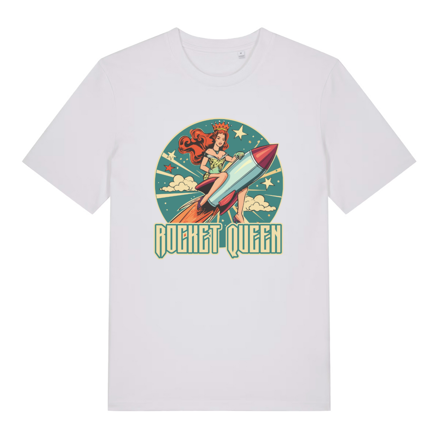 white music t-shirt with a woman riding a rocket and the slogan 'rocket queen'
