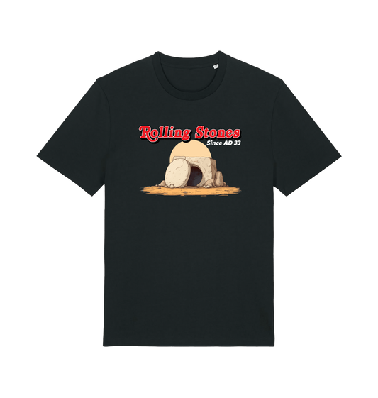 black funny jesus t-shirt with the graphic of a cave with a boulder in front and the slogan 'rolling stones since ad 33'
