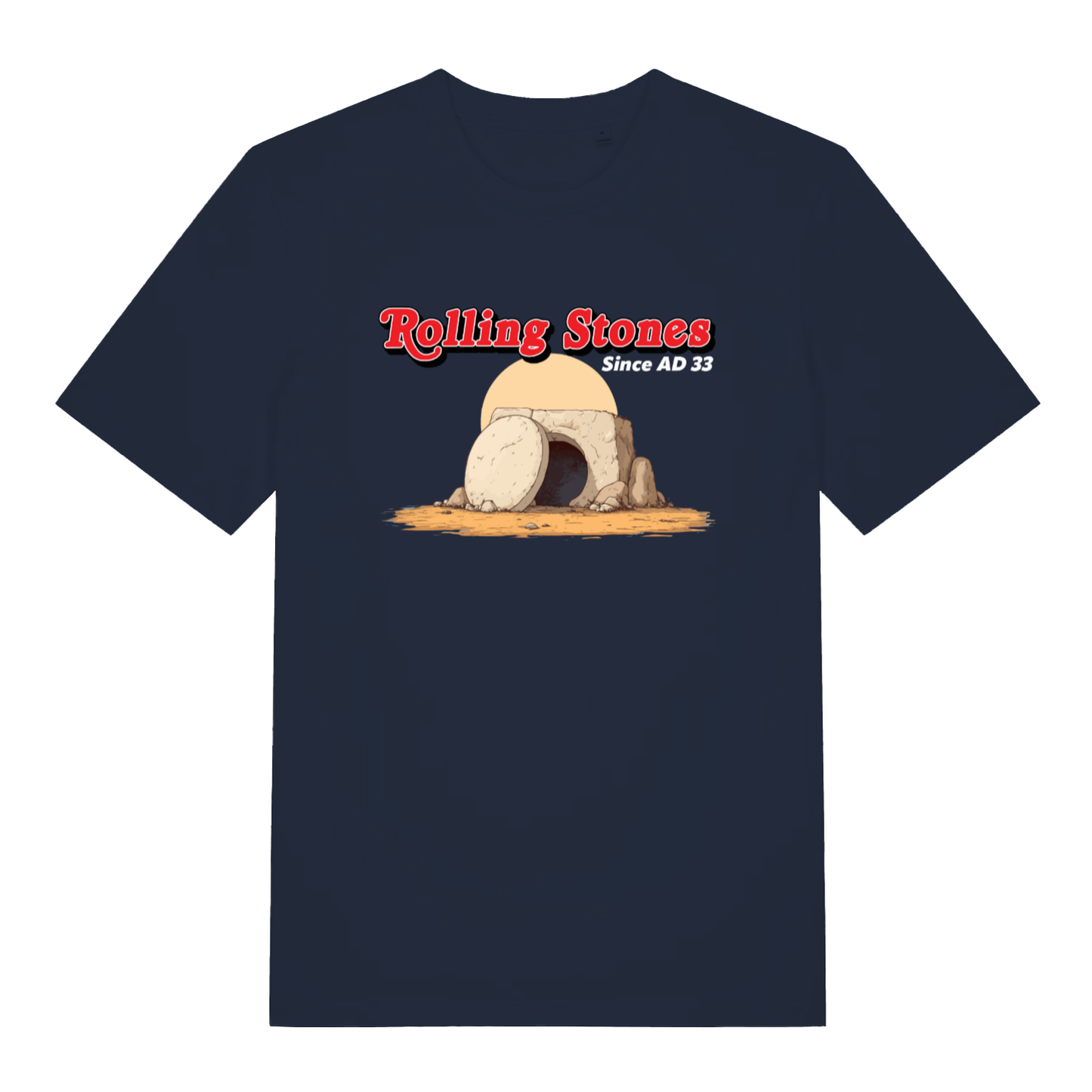 Navy Rolling Stones Since AD 33 funny graphic t-shirt featuring ultimate witty Jesus design