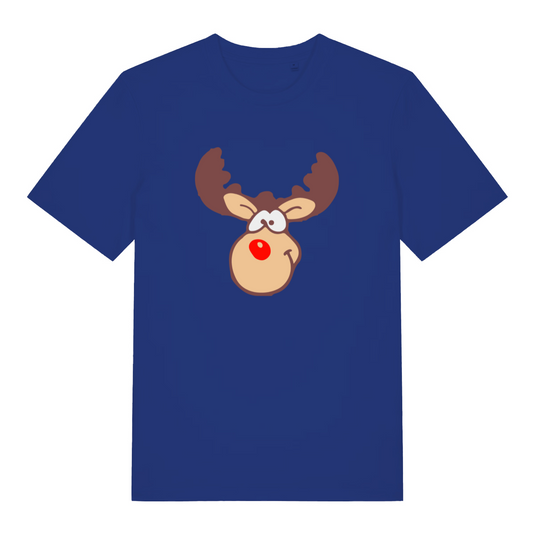 blue christmas t-shirt with a graphic of rudolph