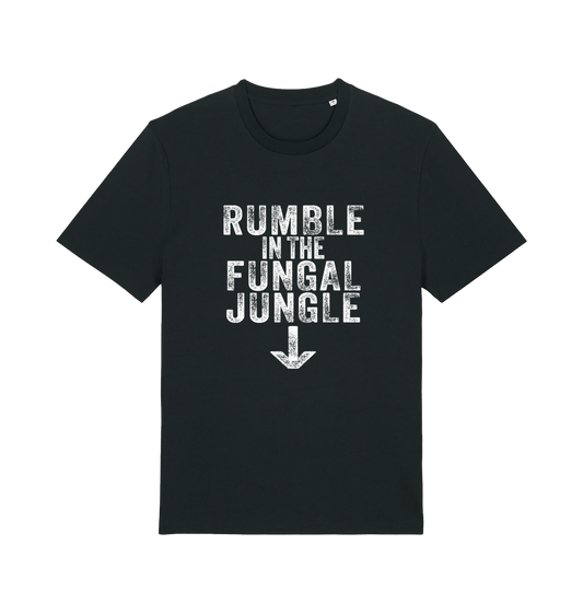 black funny offensive t-shirt with the slogan 'rumble in the fungal jungle'