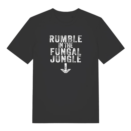 black funny offensive t-shirt with the slogan 'rumble in the fungal jungle'