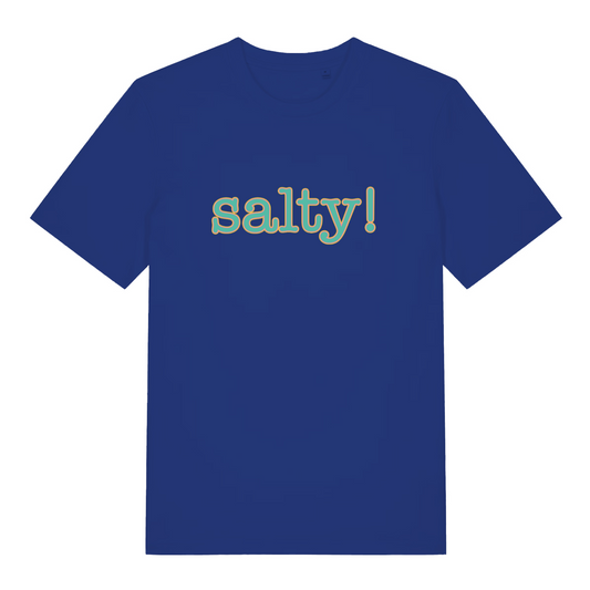 blue women's slogan t-shirt with the text 'salty'