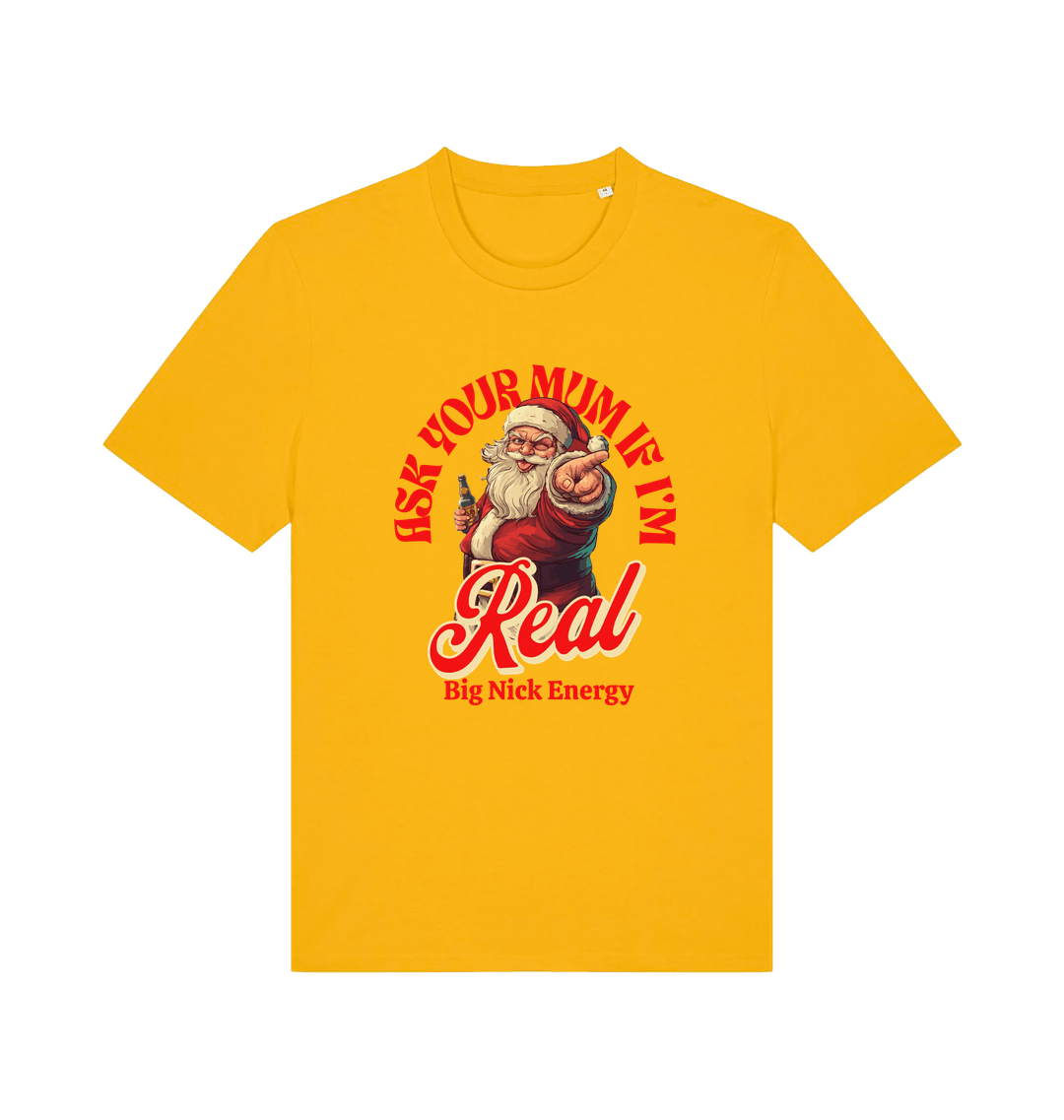 yellow christmas t-shirt with the graphic of santa and the slogan 'ask your mum if i'm real'