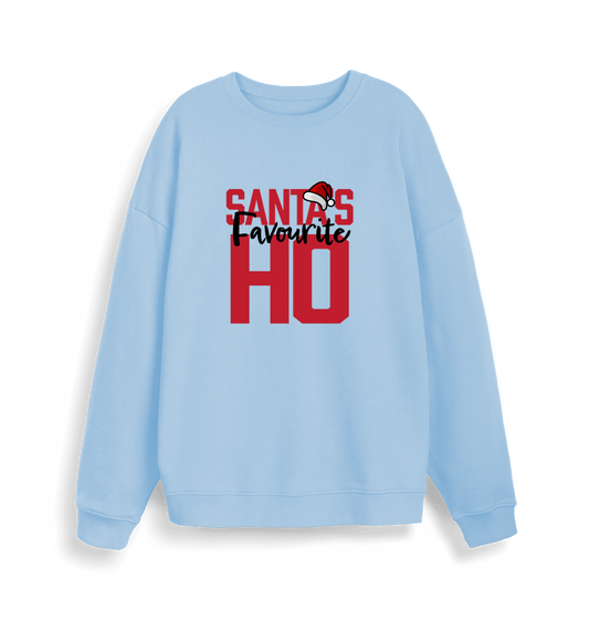 light blue xmas sweater with the slogan 'santa's favourite ho'