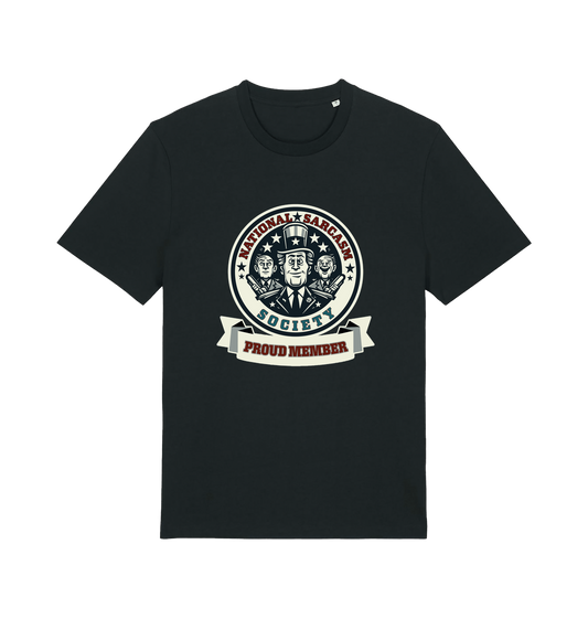 black sarcastic t-shirt with the graphic of three men and the slogan 'national sarcasm society proud member'