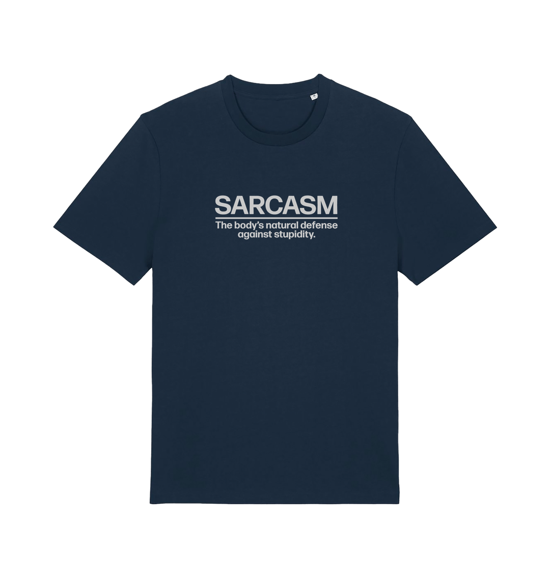 navy funny slogan t-shirt with 'sarcasm the body's natural defence against stupidity'