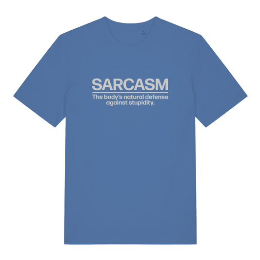 blue women's sarcastic t-shirt with the slogan 'sarcasm the body's natural defense against stupidity'