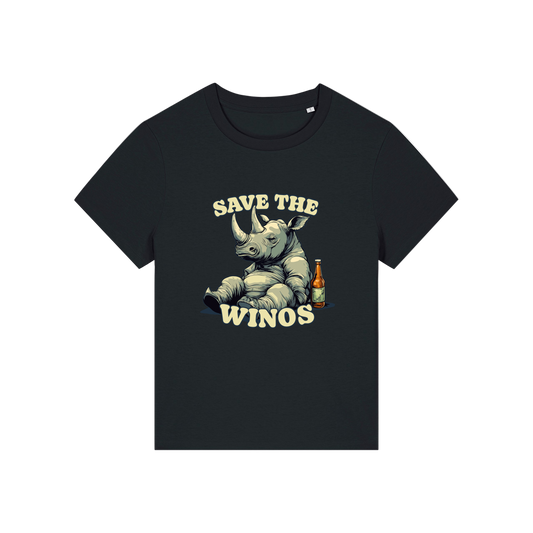 black funny animal t-shirt with the graphic of a rhino sat next to a beer and the slogan 'save the winos'