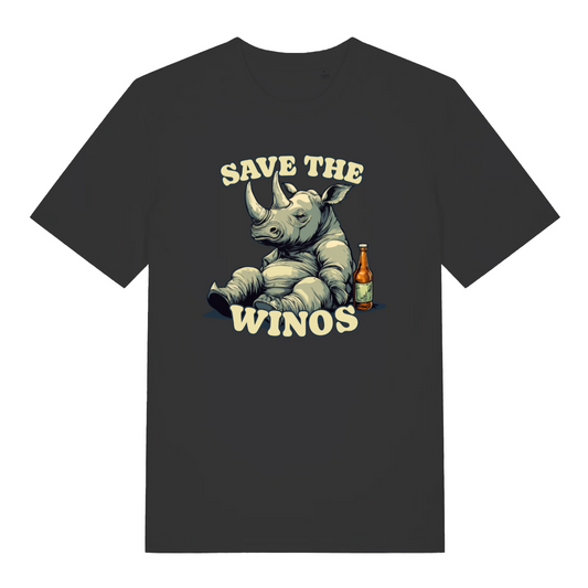 black women's funny animal t-shirt with the graphic of a rhino sat next to a bottle of wine and the slogan 'save the winos'