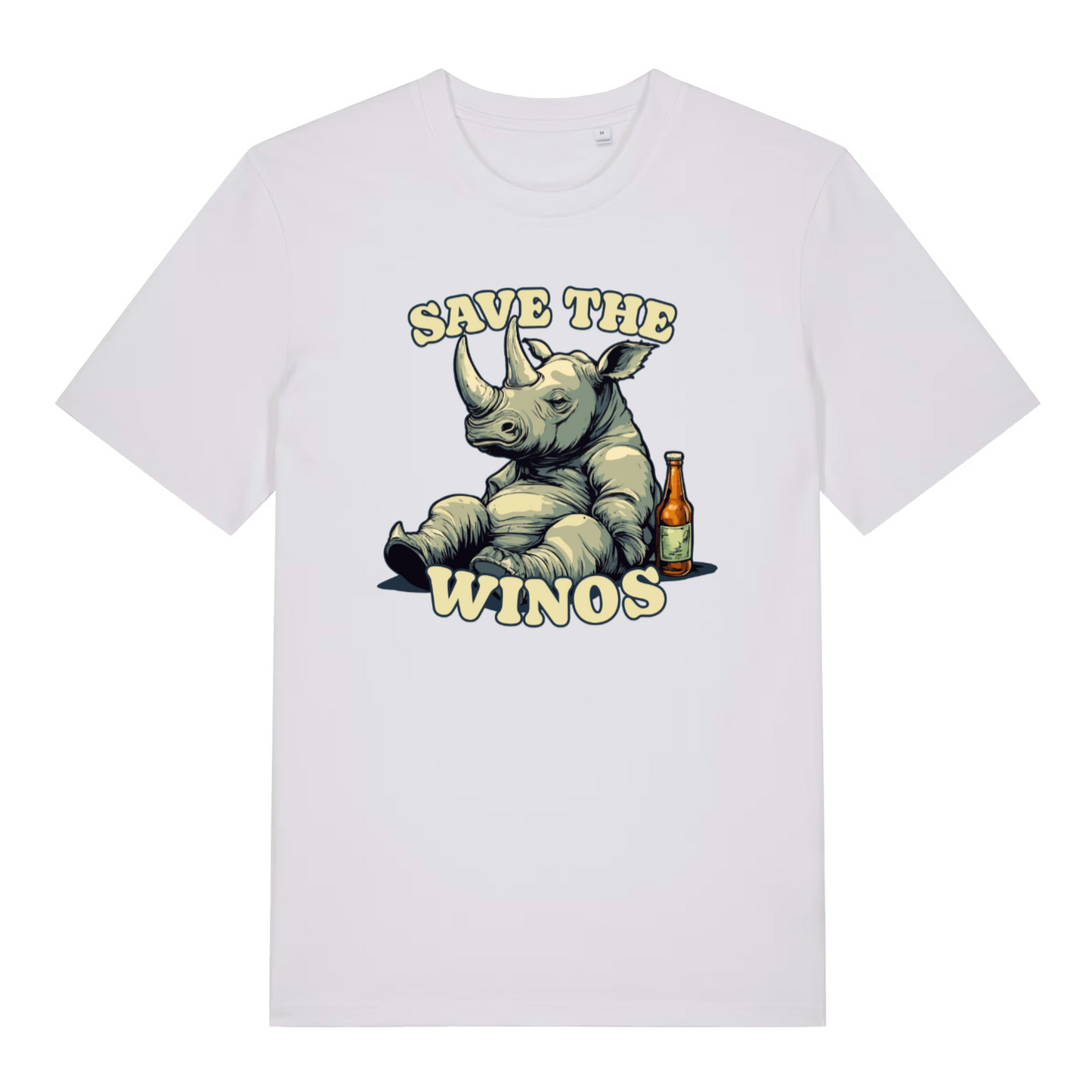 white women's funny animal t-shirt with the graphic of a rhino sat next to a bottle of wine and the slogan 'save the winos'