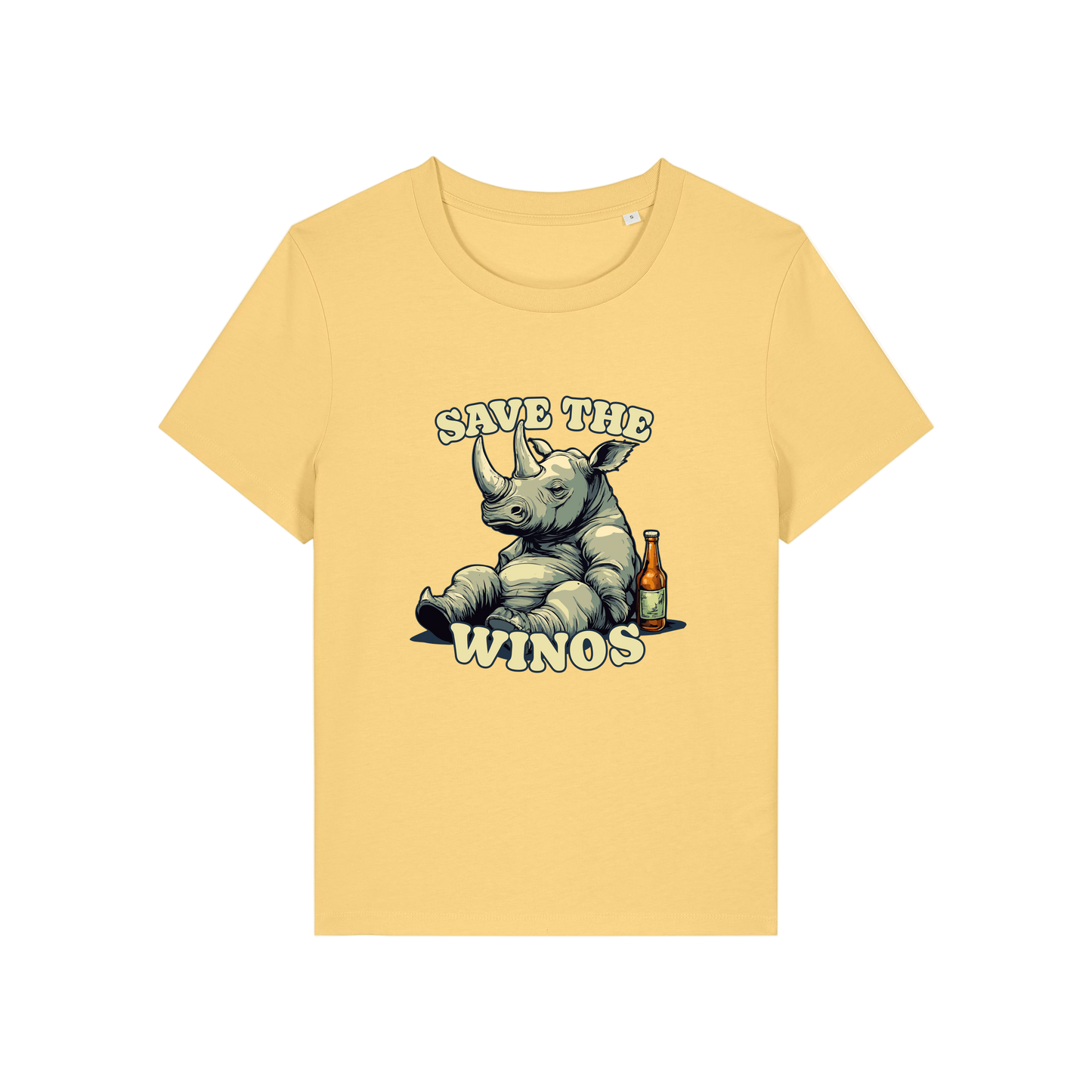 yellow funny animal t-shirt with the graphic of a rhino sat next to a beer and the slogan 'save the winos'