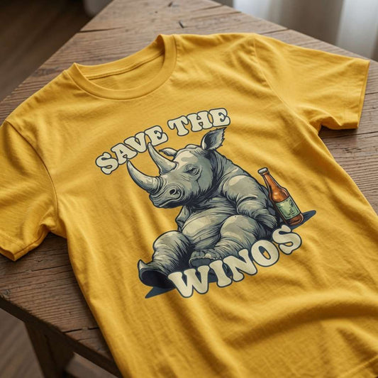 Mustard yellow Save the Winos t-shirt laid flat on a wooden surface featuring a relaxed rhino with a beer bottle, funny mens rhino pun graphic