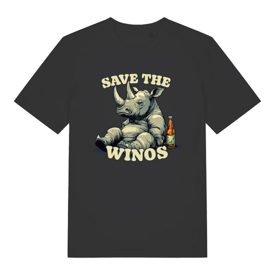 Black funny animal t-shirt with a rhino graphic and text 'Save the Winos'