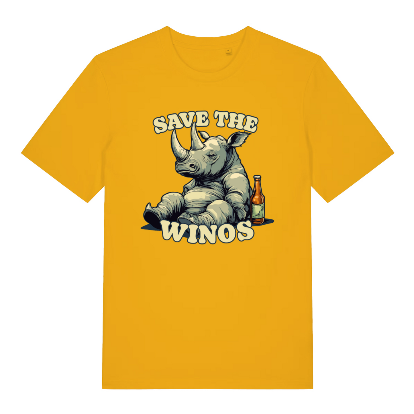 yellow funny animal t-shirt with a rhino graphic and text 'Save the Winos'