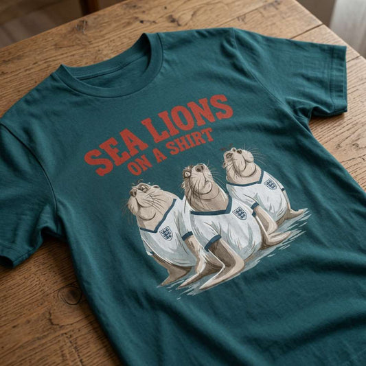 Teal green Sea Lions on a Shirt t-shirt laid flat on a wooden surface showing the full three sea lions graphic, funny ladies England football pun design