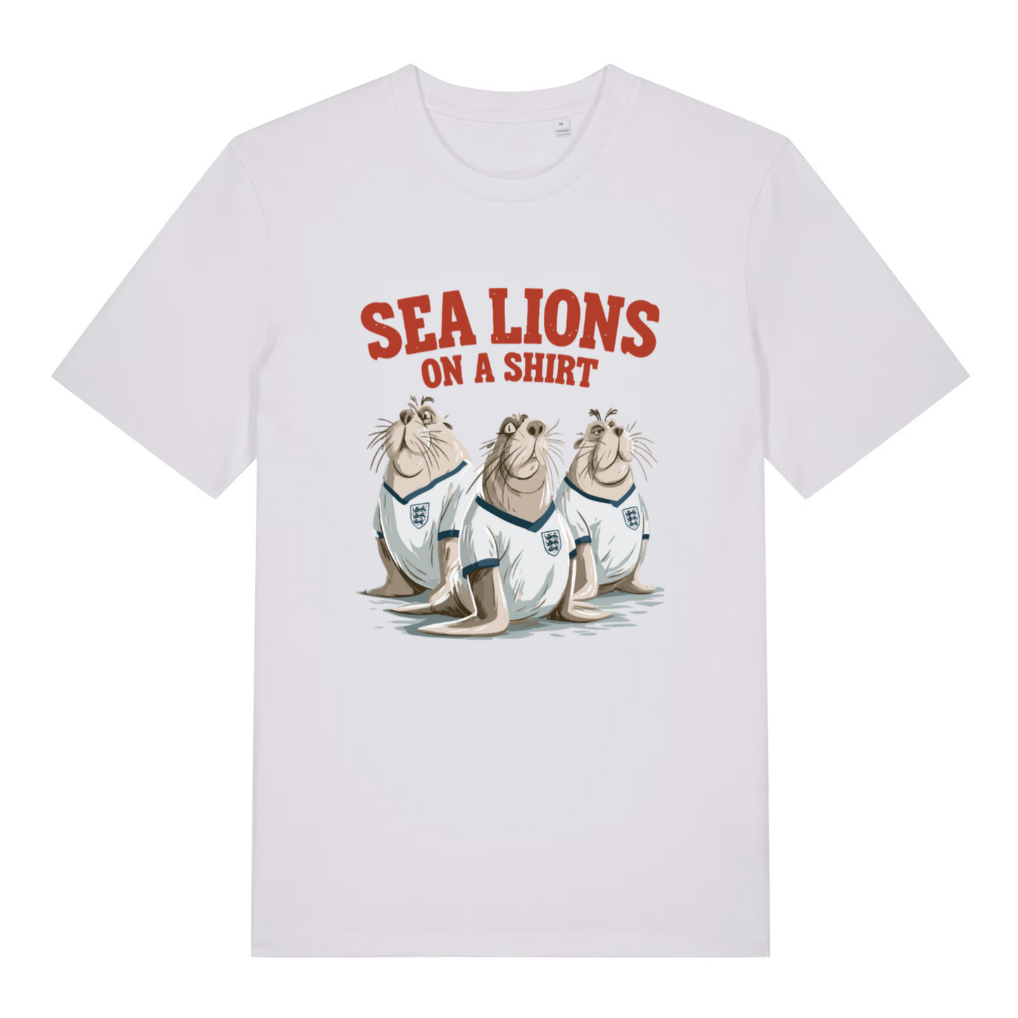 white women's sport t-shirt with the graphic of three sea lions in England shirts and the slogan 'sea lions on a shirt'