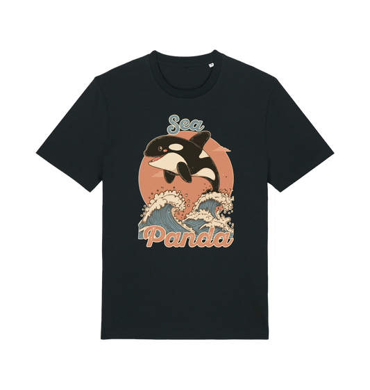 black funny animal t-shirt with the graphic of an orca whale and the slogan 'sea panda'