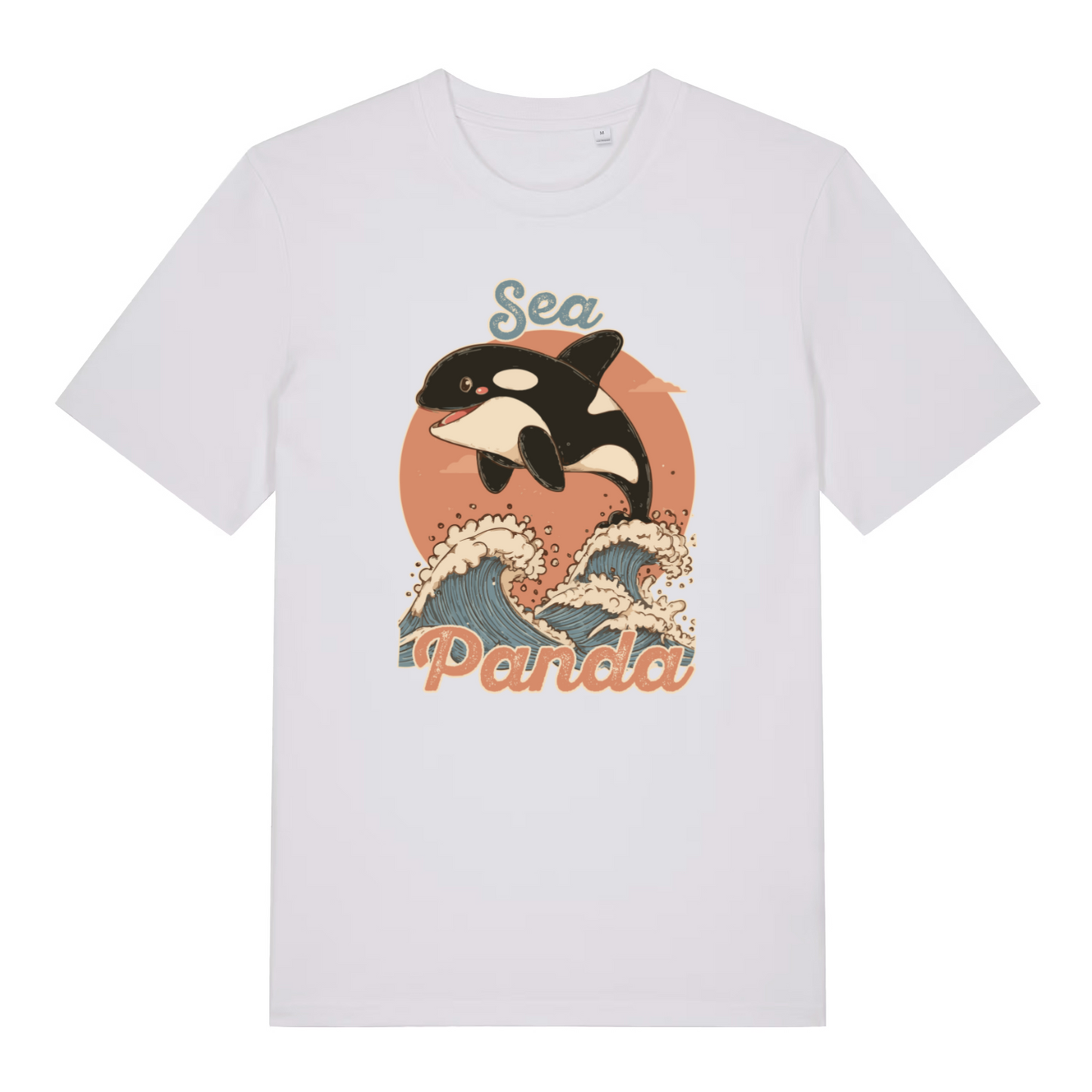 white animal t-shirt with the graphic of a orca whale and the slogan 'sea panda'