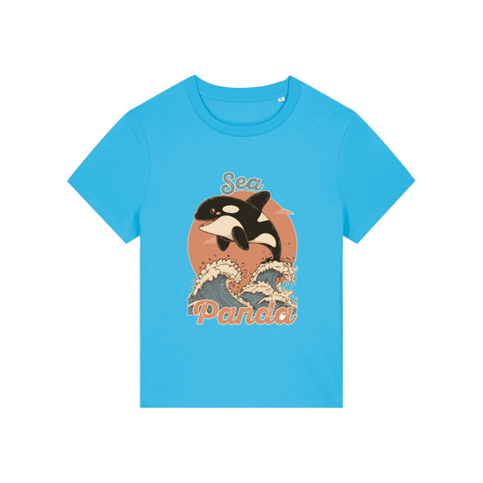 blue funny animal t-shirt with the graphic of an orca and the slogan 'sea panda'
