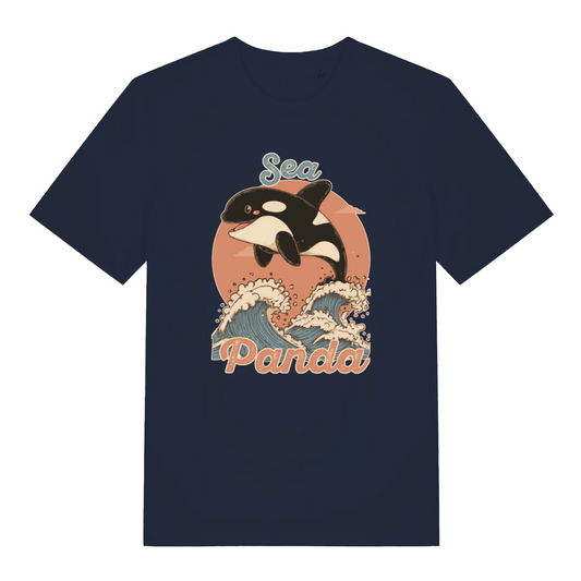 navy women's funny animal t-shirt with the graphic of an orca whale and the slogan 'sea panda'