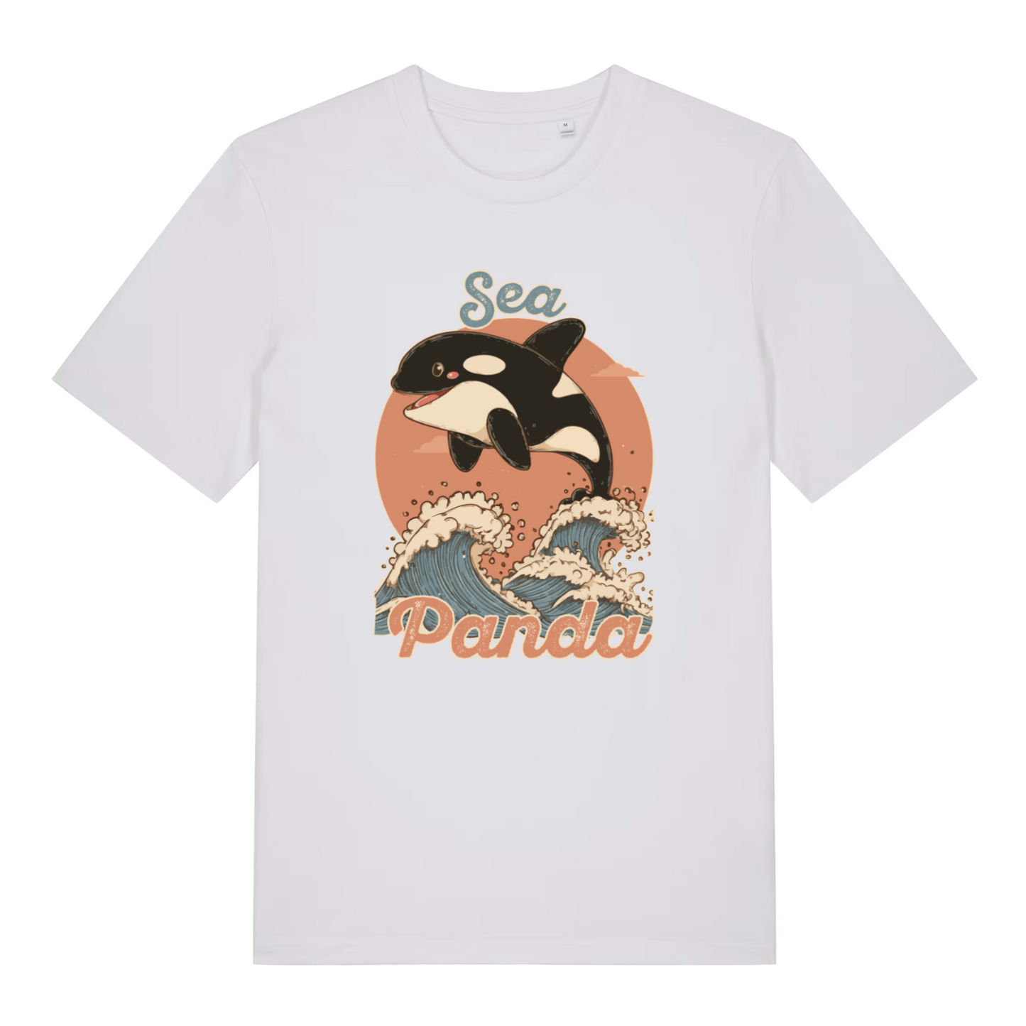 white women's funny animal t-shirt with the graphic of an orca whale and the slogan 'sea panda'