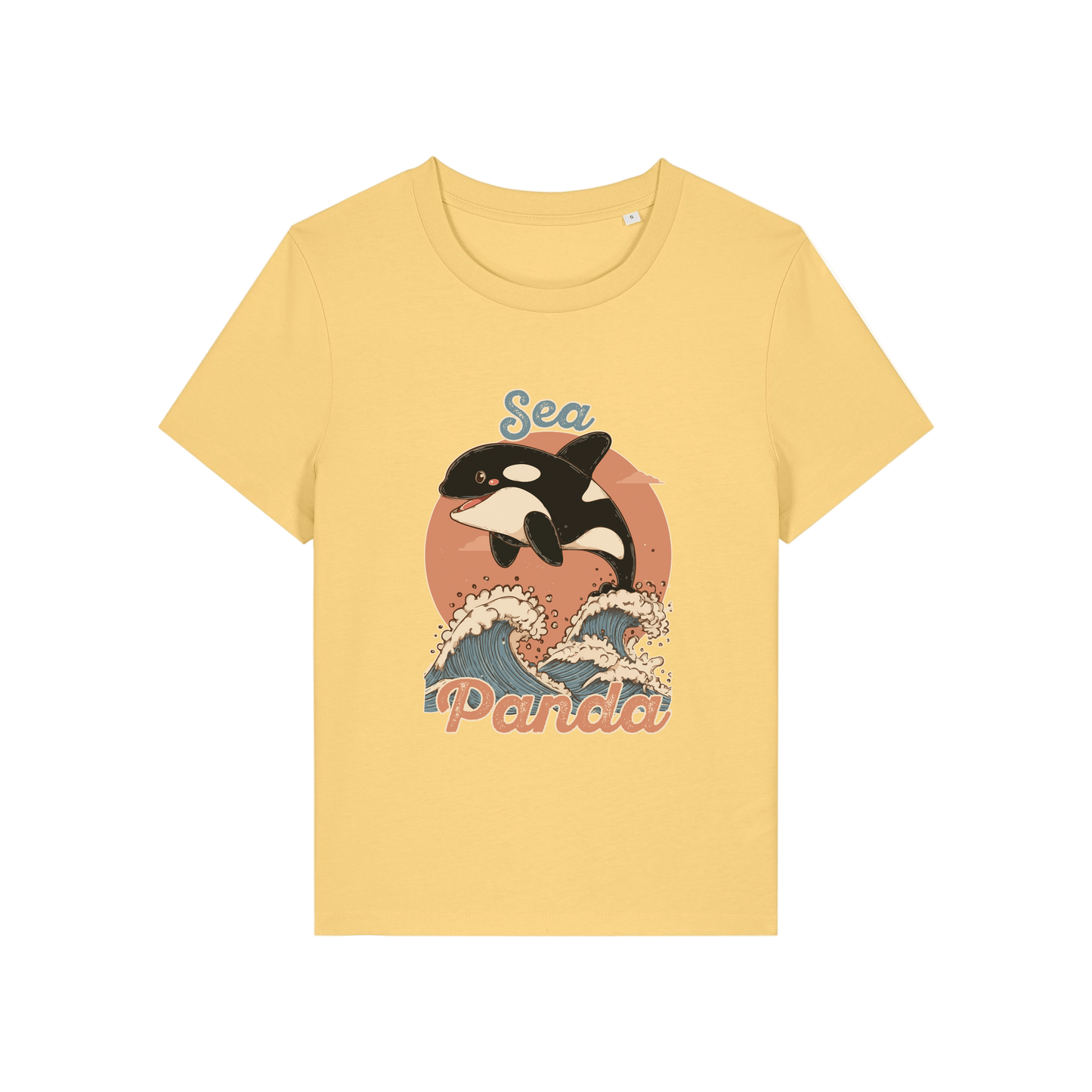 yellow funny animal t-shirt with the graphic of an orca and the slogan 'sea panda'