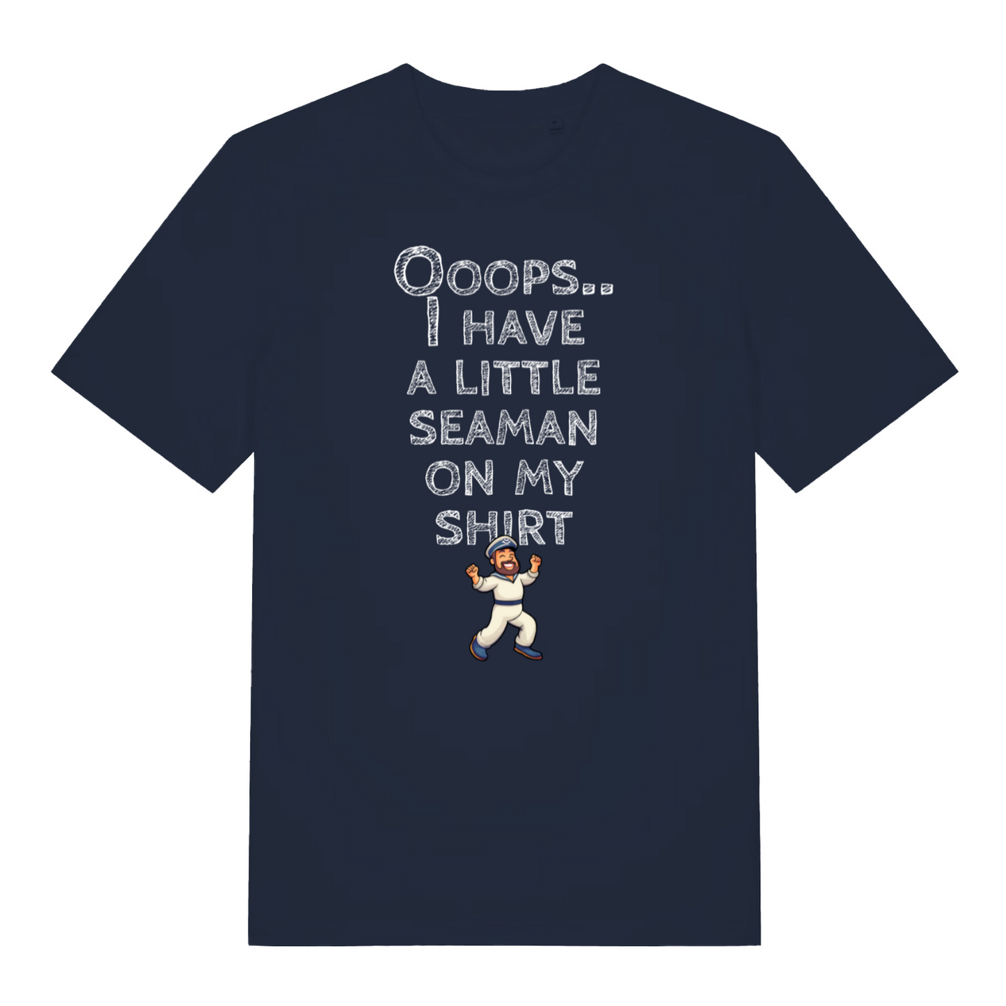 navy funny offensive t-shirt with the graphic of a captain and the slogan 'oops, i have a little seaman on my shirt'