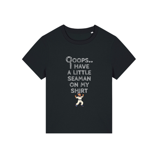 black funny slogan t-shirt that reads' oops i have a little seaman on my shirt'