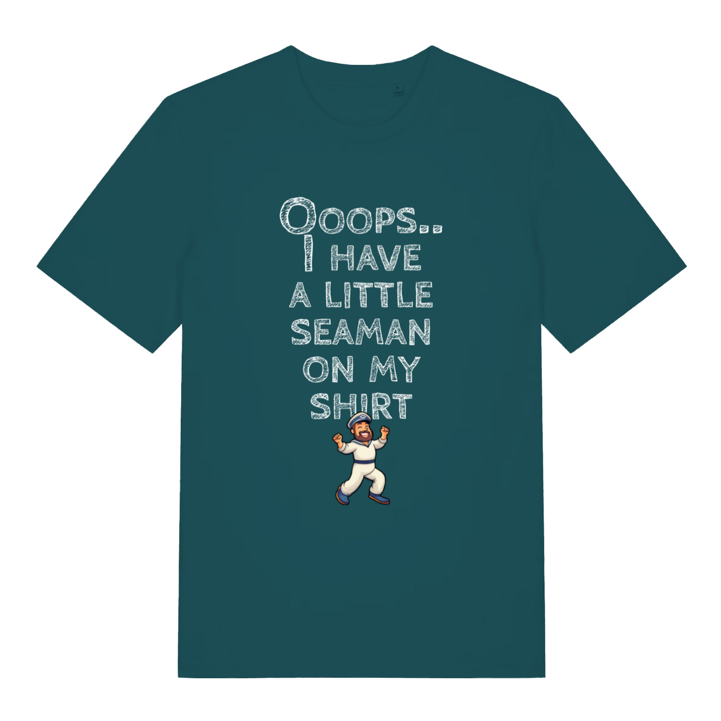teal women's funny offensive t-shirt with the graphic of a sea captain and the slogan 'ooops i have a little seaman on my shirt'
