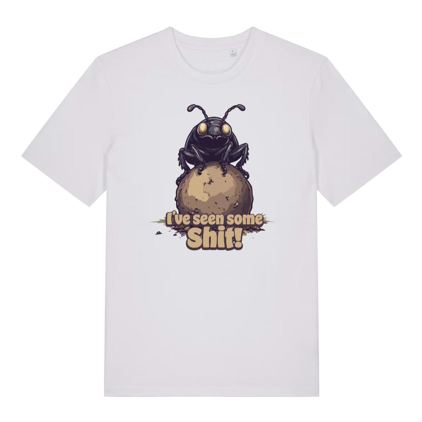 white funny offensive t-shirt with the graphic of a dung beetle and the slogan 'i've seen some shit'