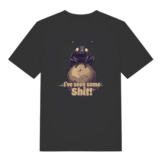 black women's funny animal t-shirt with the graphic of a dung beetle on top of a ball of dung and the slogan 'i've seen some shit'