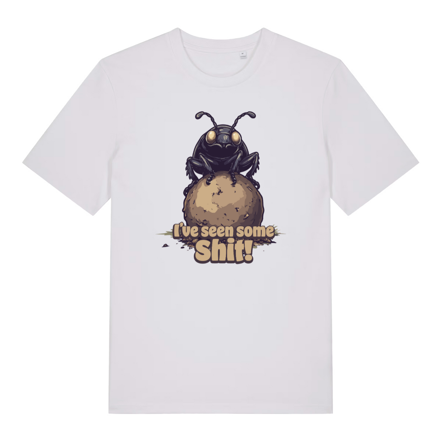 white women's funny animal t-shirt with the graphic of a dung beetle on top of a ball of dung and the slogan 'i've seen some shit'
