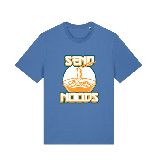 blue funny t-shirt with the graphic of a bowl of noodles and the slogan 'send noods'