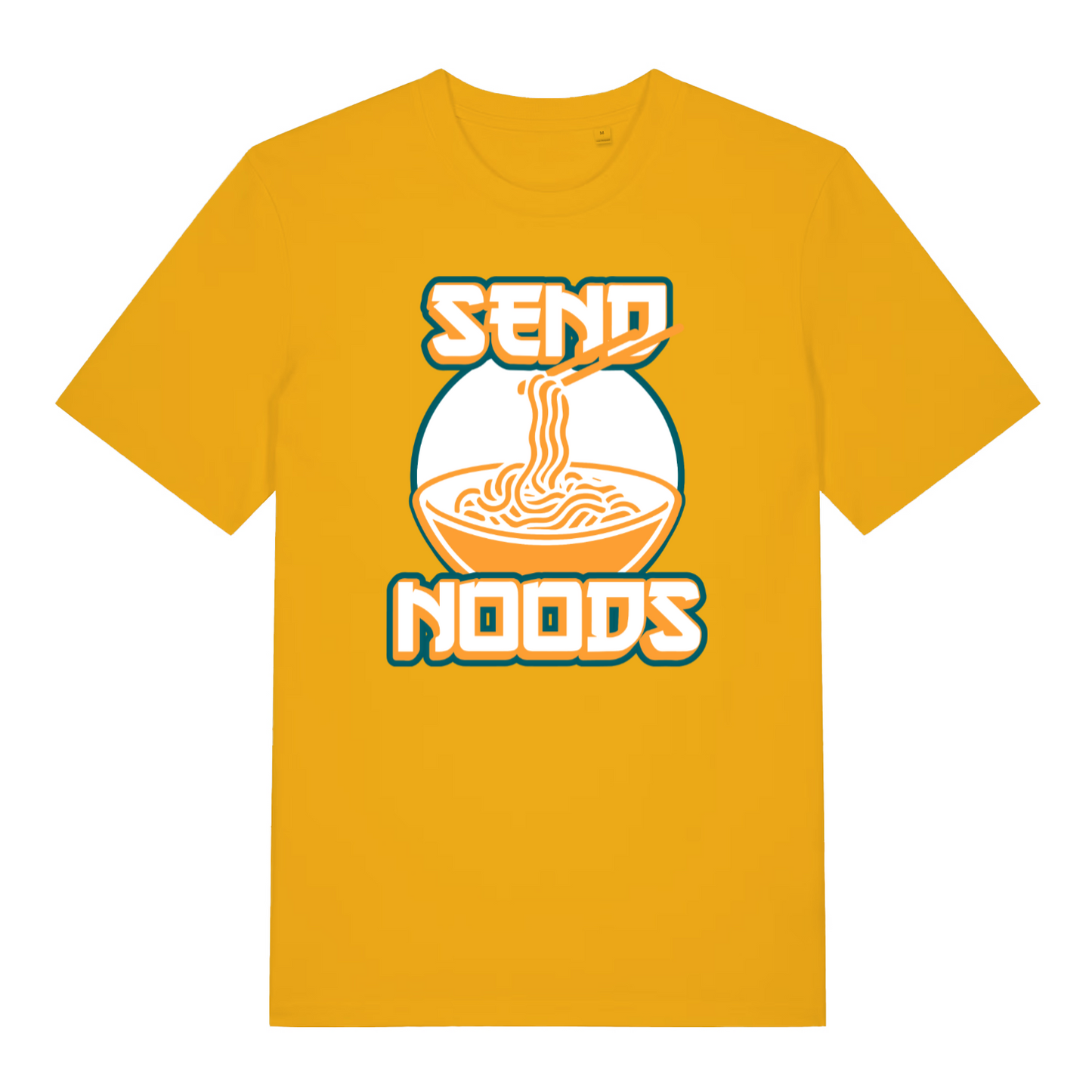 yellow funny t-shirt with a graphic of a bowl of noodles and the text 'SEND NOODS'