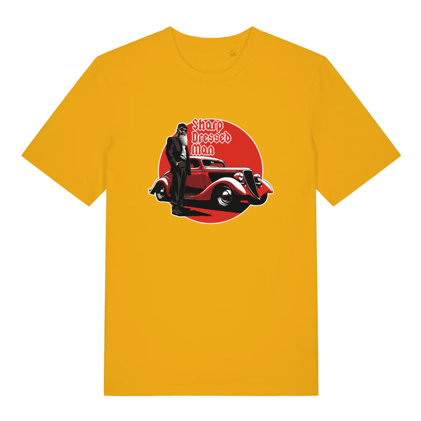yellow music t-shirt with a graphic of a bearded man stood next to a vintage car and the slogan 'sharp dressed man'